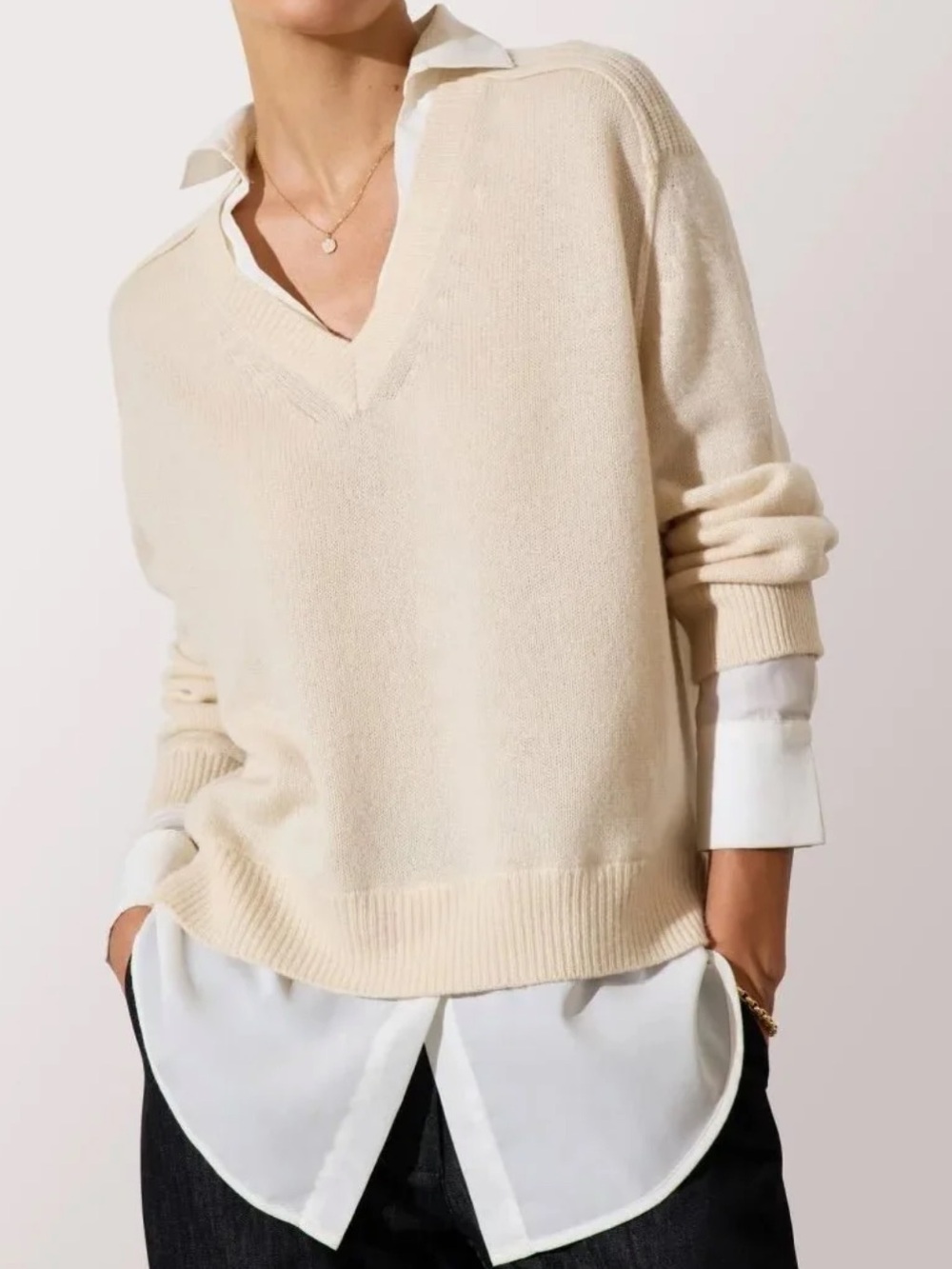 Brochu Walker The Looker Layered V neck- Almond with White